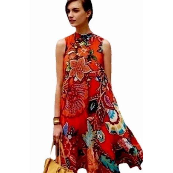Anthro Maeve Dress Womens Medium Larkhill Orange Floral 100% Silk Swing Midi - Picture 2 of 11